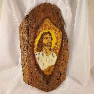 Vintage 1982 Jesus Christ Painting On Black Hills Pine Bark Wall Art 18.5" x 10"
